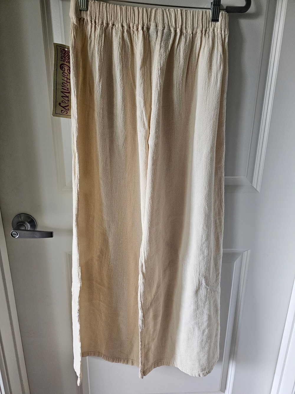 Beige Elastic-Waist Womans Cotton Blend Wide Leg Pants